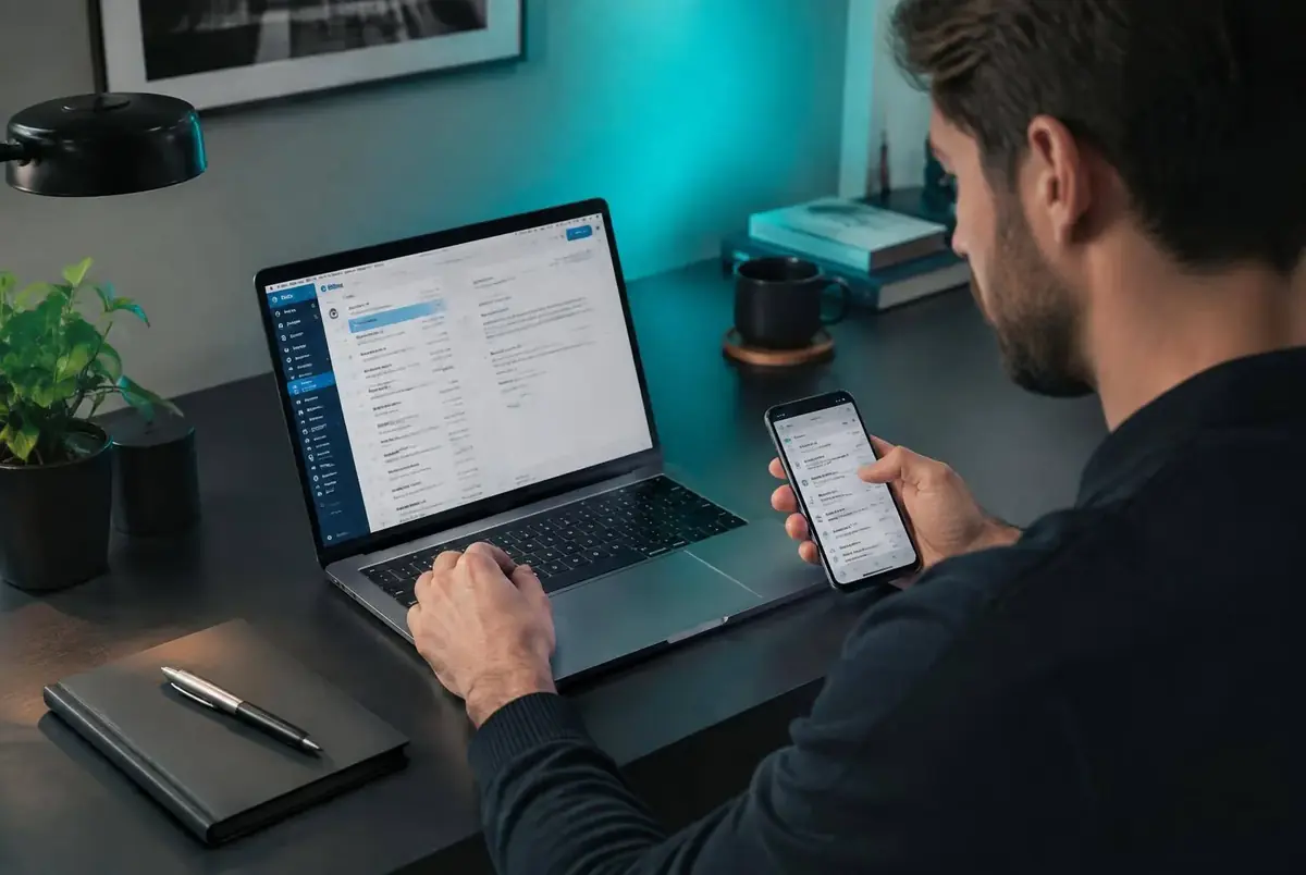 Professional checking a business inbox on a laptop and phone at a tidy desk