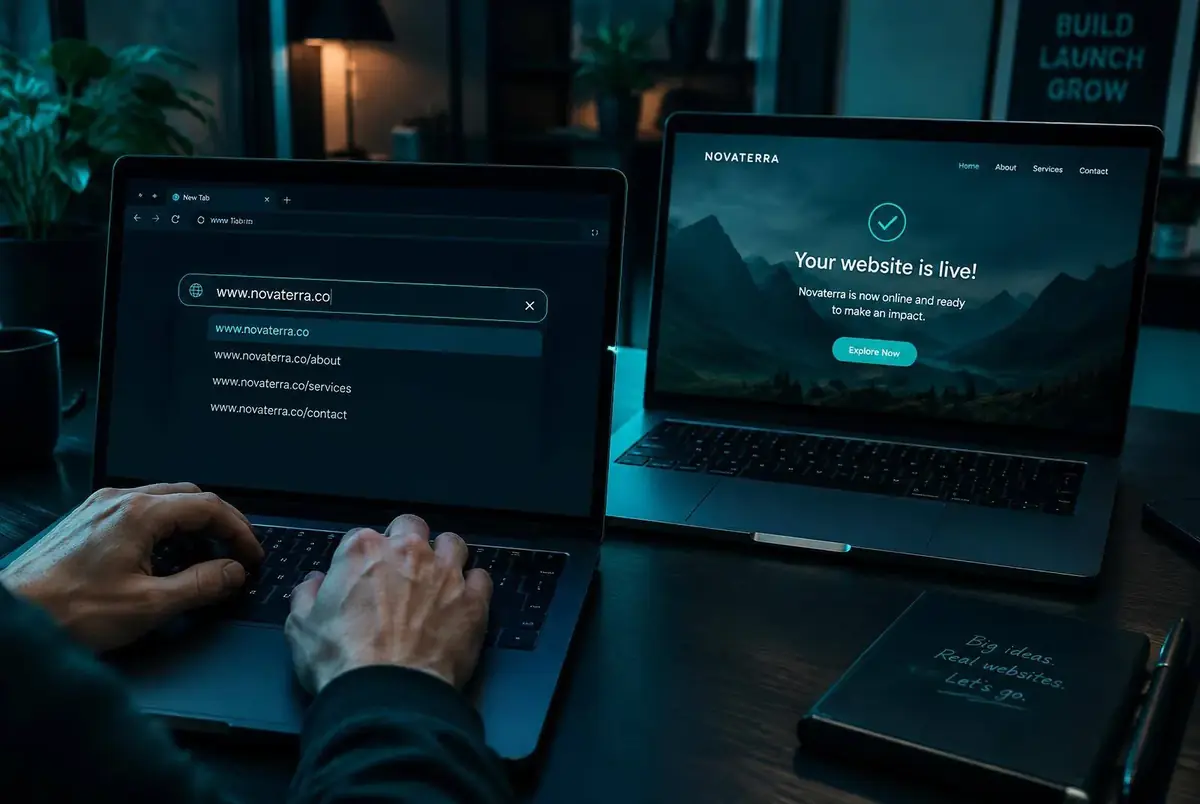 Hands typing a domain name on one laptop while a second laptop shows a website going live