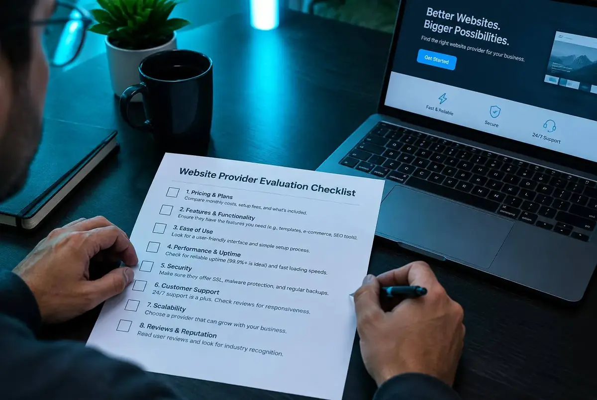 Person working through a printed website provider checklist beside a laptop