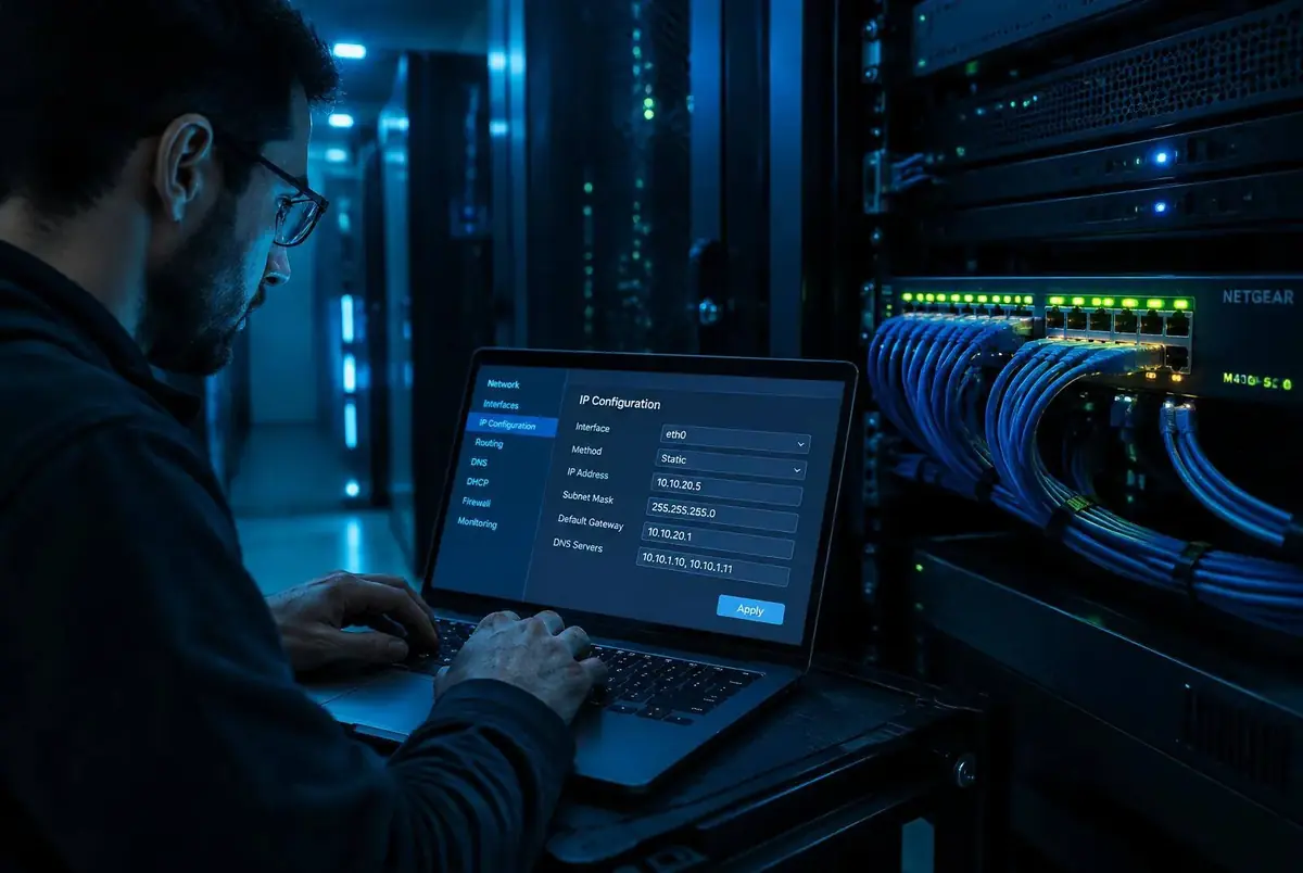 Engineer configuring network and DNS settings on a laptop beside a network switch