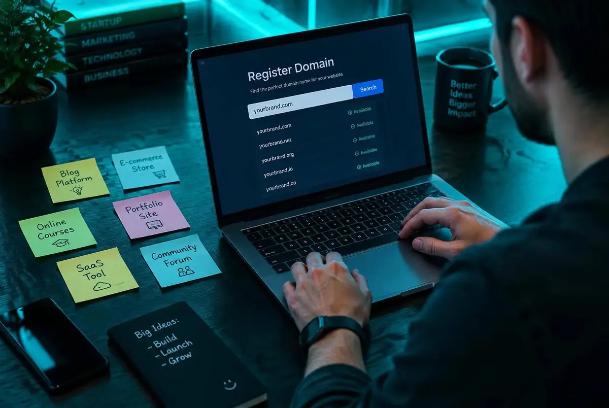 Entrepreneur registering a domain name on a laptop surrounded by notes of website ideas