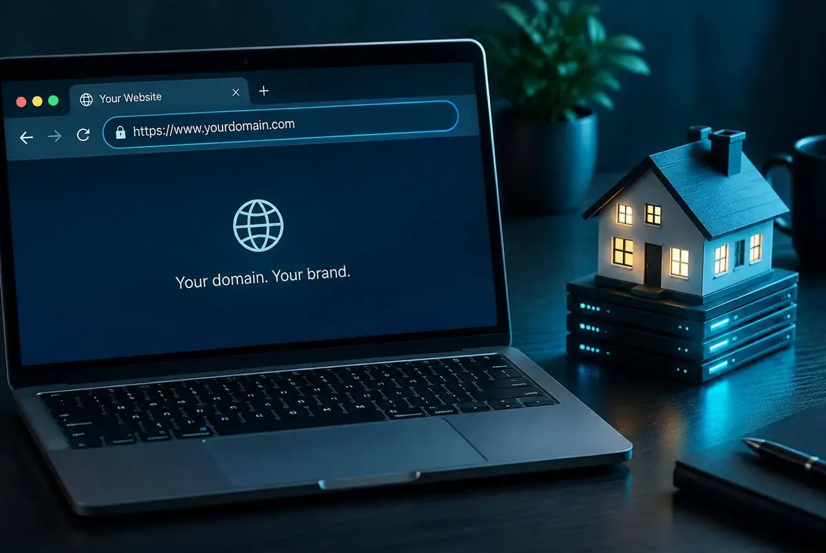 Laptop showing a browser address bar beside a small illuminated model house on servers