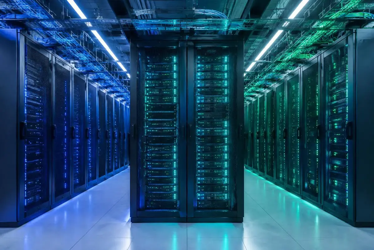 Data centre aisle with three distinct sections of server racks lit in blue and teal