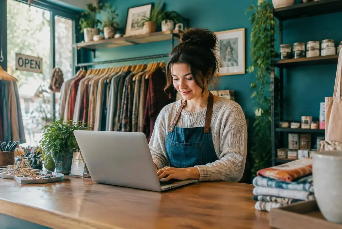 Small shop owner working on a laptop behind the counter of a boutique