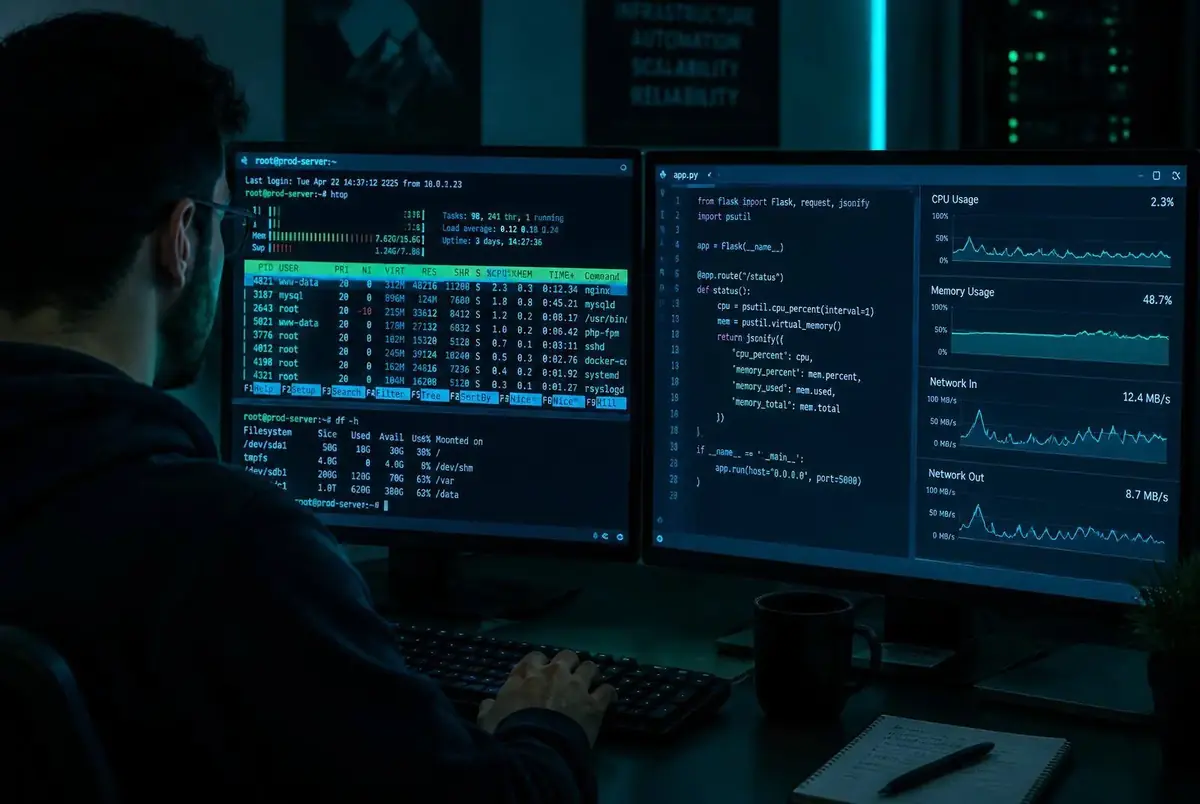 Developer monitoring a virtual server in a terminal with performance graphs on a second screen