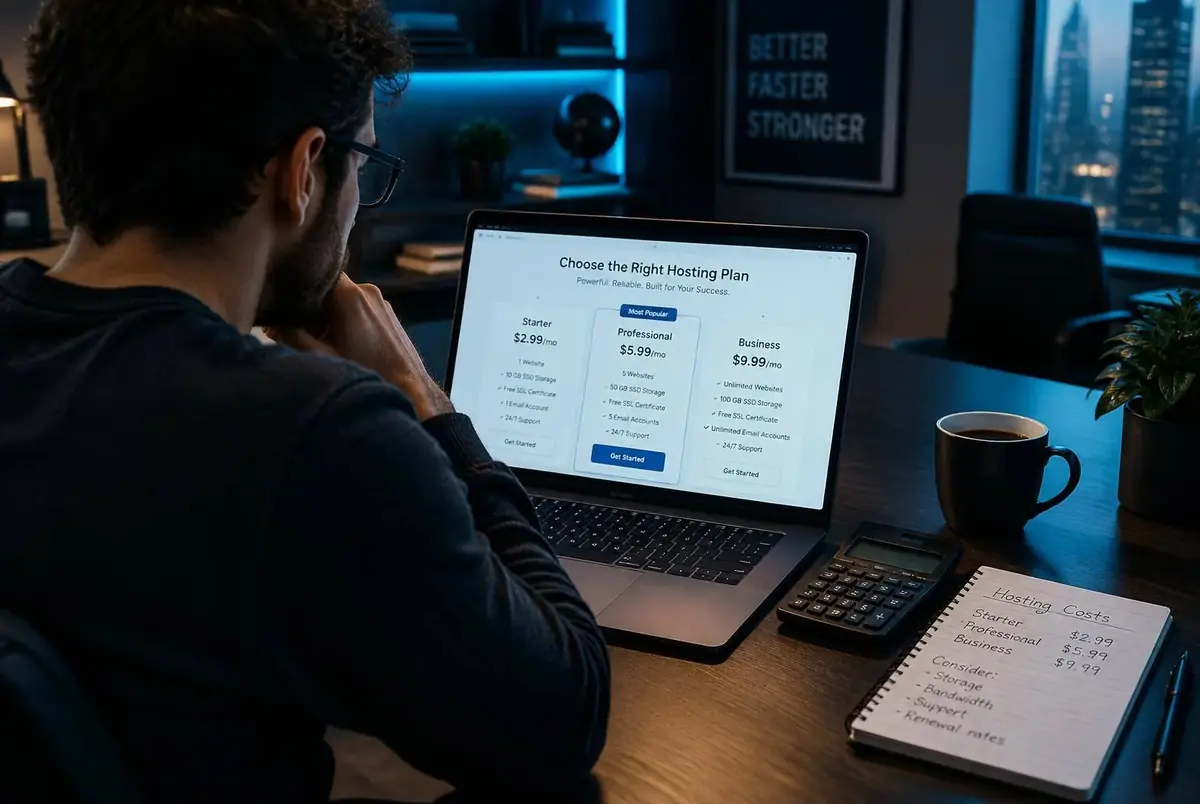 Person comparing hosting price plans on a laptop with a calculator and notebook