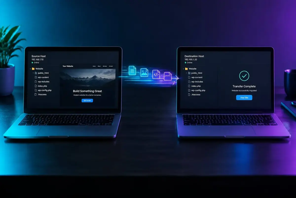 Two laptops side by side showing website files transferring from one host to another