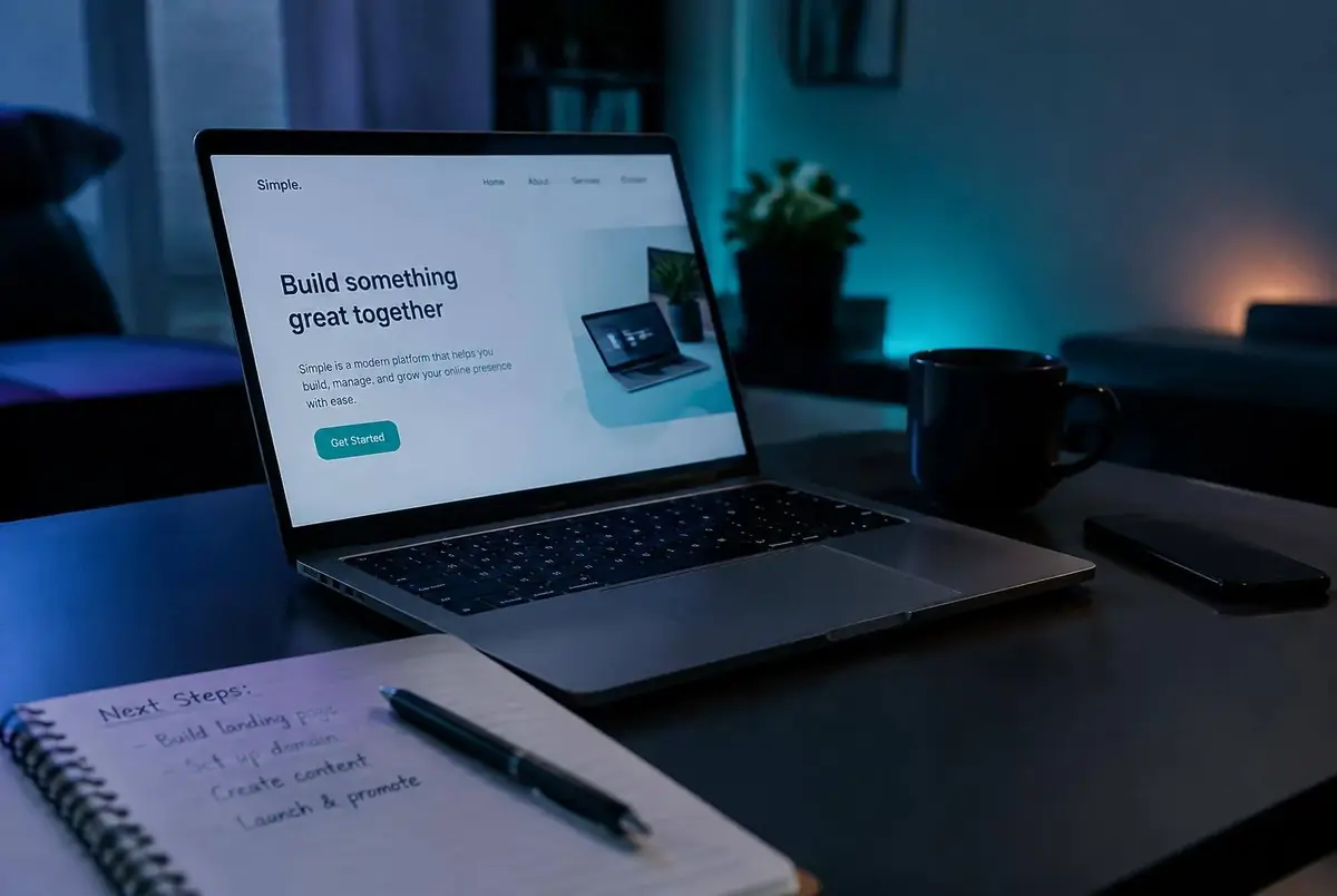 Laptop on a dark desk showing a simple website beside a notebook of launch steps