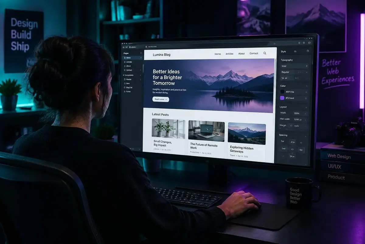 Designer editing a WordPress-style blog layout on a large monitor in a dark studio