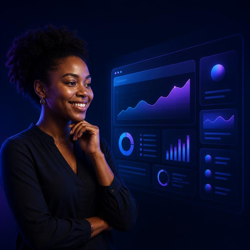 Business owner smiling beside her website dashboard