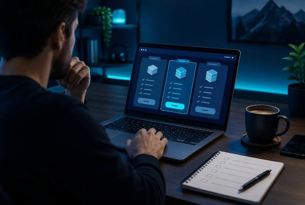 Person comparing hosting plans on a laptop with a checklist notebook nearby