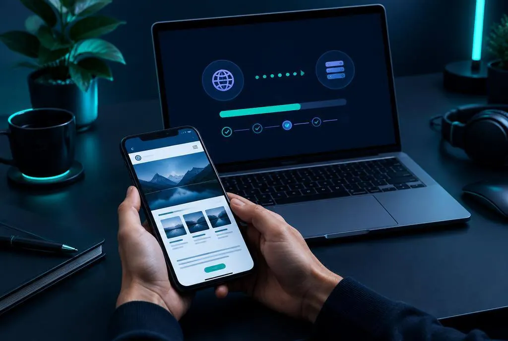 Hands holding a phone showing a website while a laptop shows a domain transfer in progress