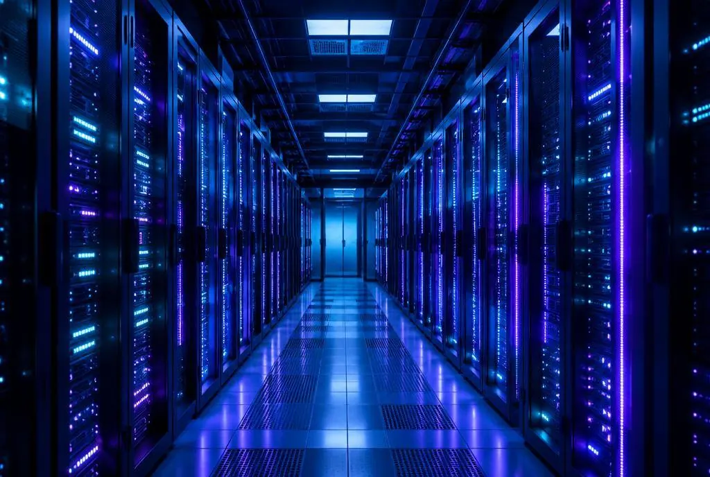 Corridor of glowing server racks in a modern data center