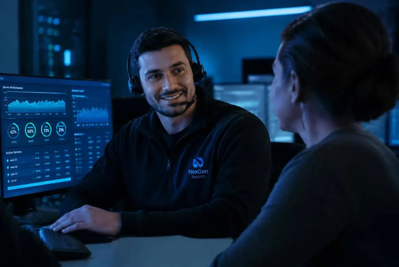 A support engineer helping a customer with a website problem