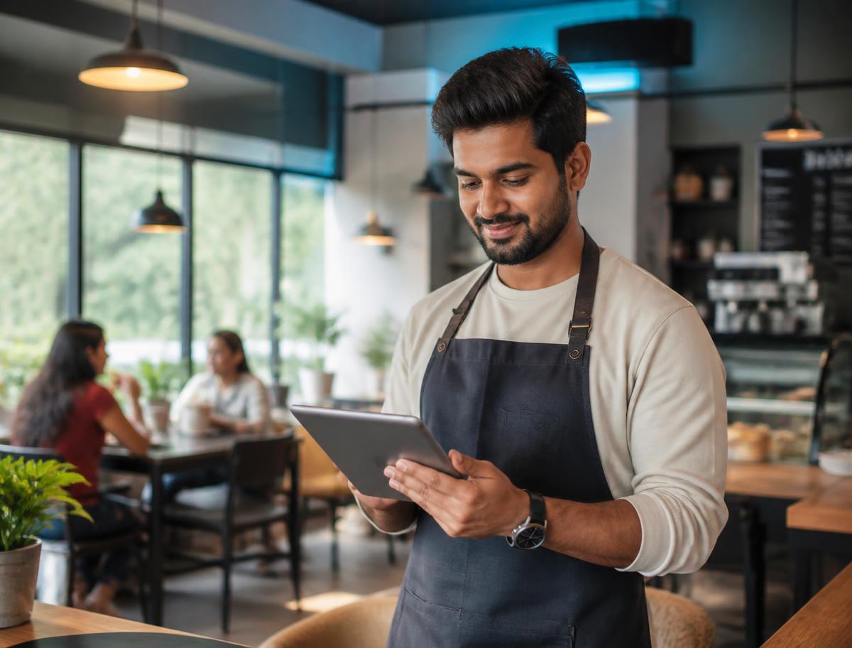 Cafe owner using a tablet to manage his business online