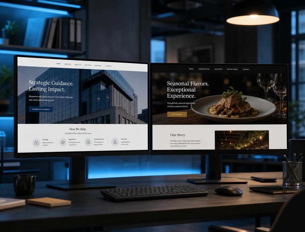 Two completed client websites displayed in a digital agency workspace
