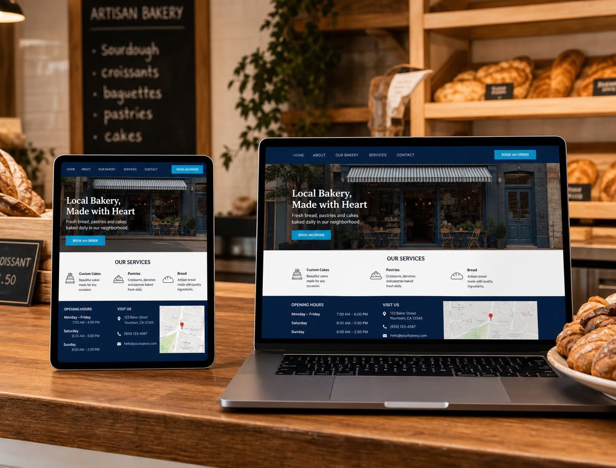 Responsive local bakery website displayed on a laptop and tablet