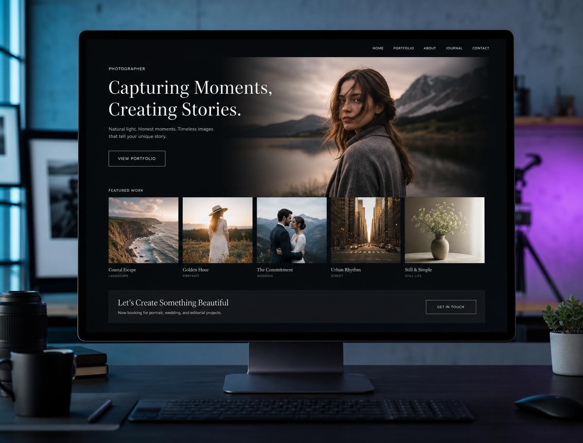 Completed photography portfolio displayed on a studio monitor