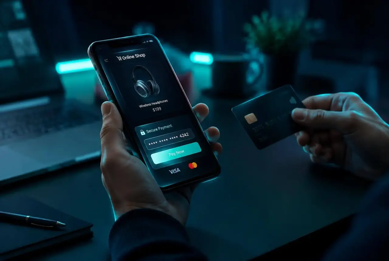 A customer safely paying on a phone on a secure online shop